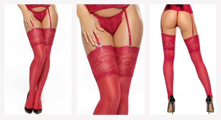 Romance meias de liga cereja