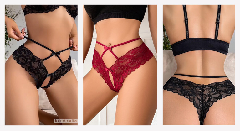 Tanga de renda com laços de...