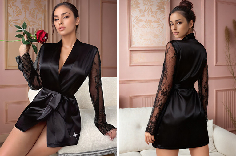 Robe Noir em Cetim e Renda–...